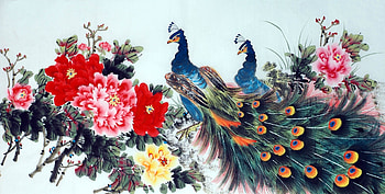Peacocks, paun, art, bird, flower, pictura, peacock, chinese, pasari, peony HD wallpaper