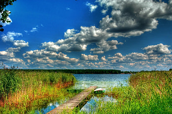 Lake Marinas, boat, pier, grass, Poland, lake, clouds, trees, sky, water HD wallpaper