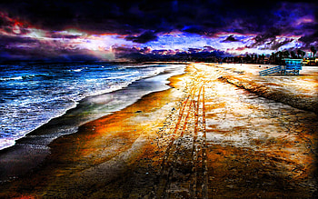 The Golden Coast, sea, colorful, sky, track marks, wave, beach HD wallpaper