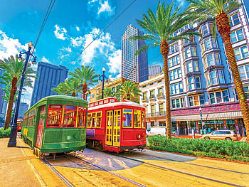 New Orleans Streetcars, digital, houses, art, city, railways, palm trees HD wallpaper