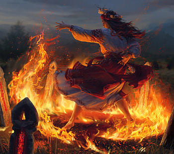 Dancing witch, night, spell, frumusete, dance, art, diana khomutina, girl, dark, witch, fantasy, luminos, fire HD wallpaper