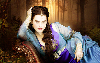 Katie McGrath, sorceress, adventures of merlin, brunette, girl, actress, woman, witch, tv series, fantasy, movie, morgana, blue dress HD wallpaper