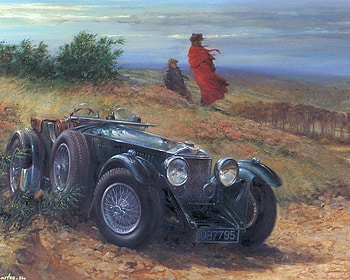 Alan Fearnley art, blue, art, car, dress, woman, alan fearnley, painting, field, red, nature, sky HD wallpaper