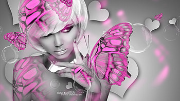 white, black, bw, girl, pink, butterfly, fantasy, tony kokhan, face HD wallpaper