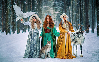 :), model, lynx, reindeer, iarna, owl, woman, trio, winter, girl, redhead HD wallpaper