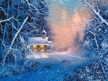 Winter melody, blue, winter, colorful, beautiful, church, snowfall, lights, christmas, nature, splendor, forest HD wallpaper