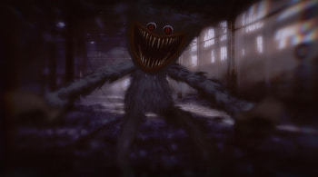 Huggy Wuggy, Abandoned factory setting, Unsettling atmosphere, Chilling presence HD wallpaper