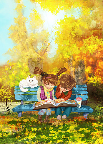 Art, Cat, Park, Girl, Nice, Bench, Boy, Nicely HD phone wallpaper