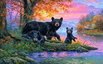 Fishin' Hole, river, bears, cub, artwork, painting, clouds, trees, sky, sunset HD wallpaper