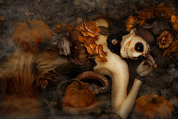 Snake girl, water, golden, snake, fiendcute, girl, orange, dark, halloween, rose, brown, fantasy, flower, pumpkin, dia de los muertos HD wallpaper