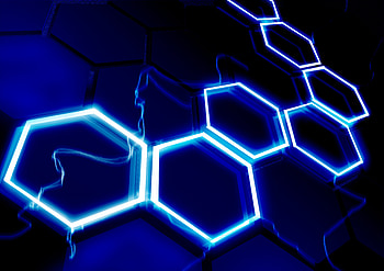 Inscription, hexagonal, blue glow, abstract HD wallpaper