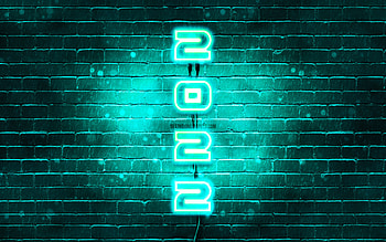 2022 on turquoise background, vertical text, Happy New Year 2022, turquoise brickwall, 2022 concepts, wires, 2022 new year, 2022 turquoise neon digits, 2022 year digits HD wallpaper