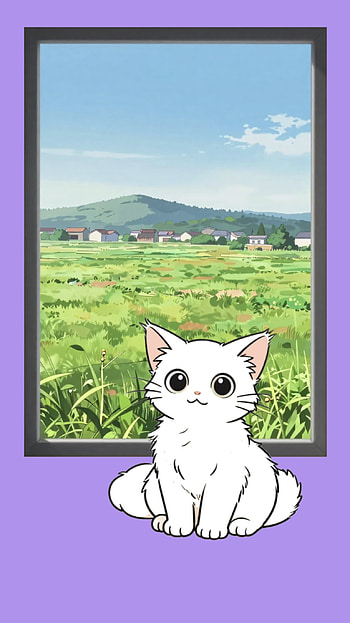 Cute white kitten on purple background, window to a peaceful town in the background., Cat, Anime, Anime Cat, Purple Anime HD phone wallpaper