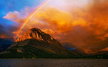 Sunrise after heavy storm, Glacier NP, Montana, rainbow, landscape, clouds, colors, sky, mountains, lake, usa HD wallpaper