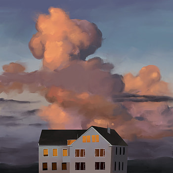 Art, Clouds, Building, House, Painting HD phone wallpaper