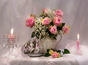 Pink roses and candles, tea, roses, soft, vase, colors, beautiful, cups, still life, background, pink, petals, nature, flowers, candles, porcelain, drink HD wallpaper