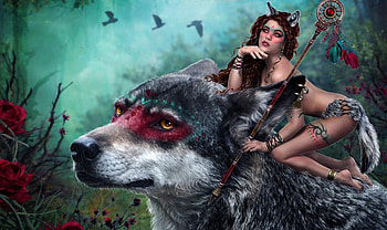 Forest Guardians, Fantasy girl, guardians, magical, dreamy, wolf, forest HD wallpaper