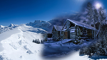 Winter Cabin Collage, winter, sunlight, collage, cabin, dawn, Firefox theme, snow, trees, nature, cottage, mountains HD wallpaper
