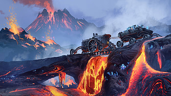 Scifi Steampunk Mountain Vehicle Mining Lava, steampunk, scifi, mountains, volcano, artist, lava, digital-art, artwork, artstation HD wallpaper