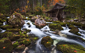 Waterfall, stream, nature, forest, wooden hut, landscape HD wallpaper