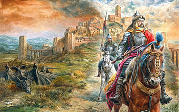 Knights and Dragons, blue, animal, horse, black, knight, monster, orange, raven, tale, fantasy, dragon, sky, creature, castle, cloud HD wallpaper