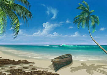 Art, Ocean, Palm, Boat, Surf HD wallpaper