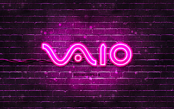 VAIO purple logo, , purple brickwall, VAIO logo, brands, VAIO neon logo, VAIO, Sony VAIO HD wallpaper