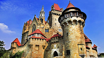 kreuzenstein castle in austria, roof, red, sky, castle, towers, stones HD wallpaper