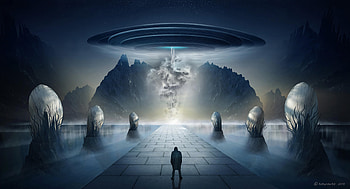 Art, Lightning, Rocks, Lake, Silhouette, Cloud, Ufo HD wallpaper