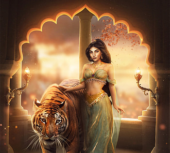 Jasmine, tiger, girl, disney, hosne qanadelo, fanart, sultan, fantasy, luminos, princess HD wallpaper