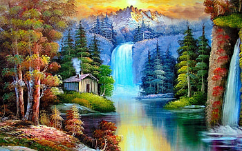 beautiful waterfall, natur, waterfall, church, mountains HD wallpaper