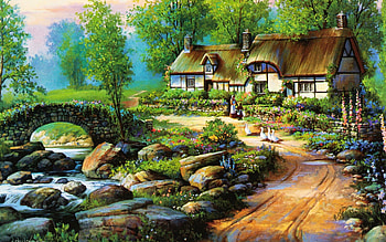 English cottage, Village, Ducks, Road, Cottage, Painting HD wallpaper