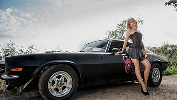 Blonde Posing with a Camaro Z28, model, blonde, car, camaro, dress HD wallpaper