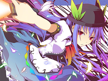 Hinanawi Tenshi, blue, colorful, ribbon, dress, rainbow, flowers, leaf, hinanawi-tenshi, hair, hat, long HD wallpaper