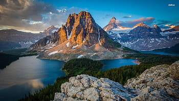 Sunset light upon Mount Assiniboine, Canada, Sunset, Forest, Snow, Canada, Lake, British Columbia, Mount Assiniboine, Mountain HD wallpaper
