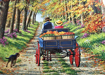 Shady Lane, dog, horse, painting, trees, people, cart HD wallpaper