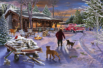 Winter Refuge, cabin, snow, winter, frost, deer, dogs, shack HD wallpaper