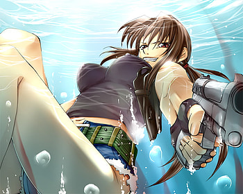 Revy, grin, black lagoon, red eyes, gloves, long hair, singlet, holster, anime, weapon, brown hair, gun, bubbles, belt, water, shorts HD wallpaper