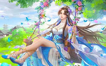 Girl on Swing, digital, art, fantasy, flowers, swing, girl, woman, blue, , pretty HD wallpaper