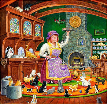 Uahaha, we will not poke your finger ... Randall Spangler. Crazy Cat's Lady, kitten, painting, art, randall spangler, cat HD wallpaper