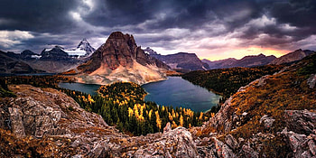 Mt Assiniboine, Banff National Park, lakes, clouds, trees, autumn, sky, canada, alberta HD wallpaper