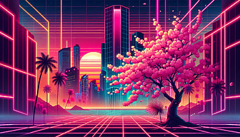 Vibrant Cherry Blossom Retro Cityscape, cherry blossom tree, retrowave, cyberpunk, cityscape HD wallpaper