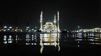 Mosque at night, night, black, Turkey, Sofia, country, religious, fantasy, tower, mosque, lights, water HD wallpaper