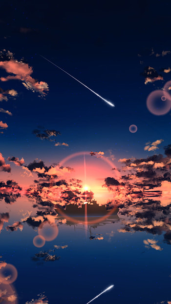 Celestial Glow: Anime Sunset with Shooting Stars, shooting star, cloud, Anime, anime sunset HD phone wallpaper