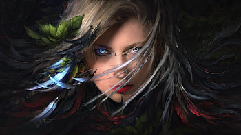 Witch, julian bauer, feather, art, fantasy, face, luminos, dark, girl HD wallpaper