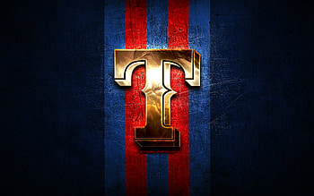 Texas Rangers emblem, MLB, golden emblem, blue metal background, american baseball team, baseball, Texas Rangers HD wallpaper
