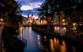 Ljubljana, Franciscan Church of the Annunciation, evening, sunset, Franciscan church, Ljubljana cityscape, Slovenia HD wallpaper