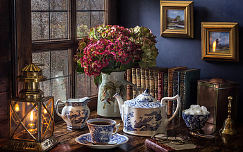 Still life, Window, Lamp, Pot, Hydrangea, Book HD wallpaper