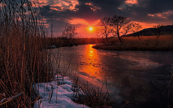 River Sunset in Early Winter, reflection, snow, clouds, colors, sky HD wallpaper