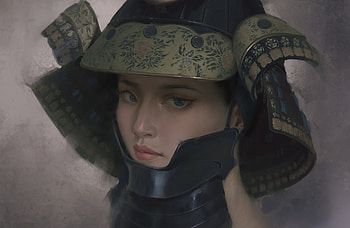 Samurai girl, frumusete, asian, art, guan wu, samurai, helmet, face, girl, warrior HD wallpaper